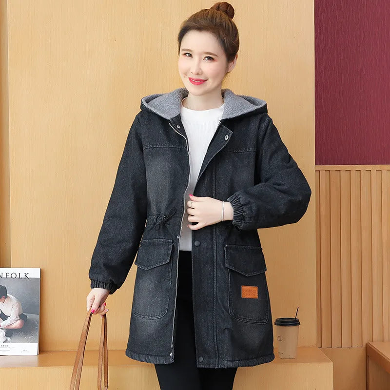 Women's Winter Parkas Coat  2024 New Hooded Korean Version  Ladies Cowboy Down Cotton Jacket Fashion Loose Lady Outerwear