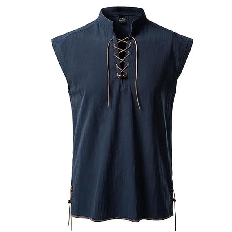 Summer Shirt Cotton Linen Sleeveless Men's Retro Casual Tanks Tops Lace Up Mandarin Collar Renaissance Vikings Pirate Costume