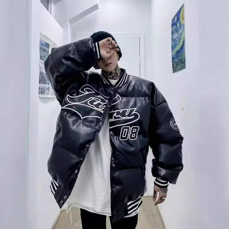 Winter PU Leather Baseball Jacket Men and Women Trend Patchwork Letter Embroidery Coats Autumn Casual Loose Mens Jackets New