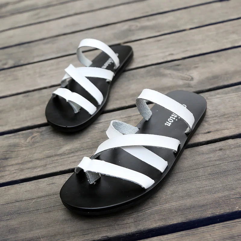 Flat With Beach Fashion Outside Men's Slippers Leisure Concise Genuine Leather Summer Flip Flops Sewing Solid Men Shoes