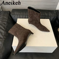 Aneikeh Large Size 41 42 Fashion Winter Faux Suede Pointed Short Boots Low Heel Boots Slip on Party Shoes Botas Zapatos De Mujer
