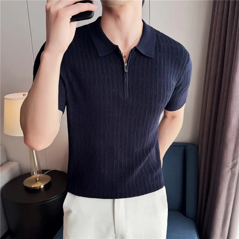 Mens Knitted Stripe Polo Shirt Short Sleeve 2026 Summer New Solid Casual Breathable Soft Light Thin Casual T Shirt Men Clothing
