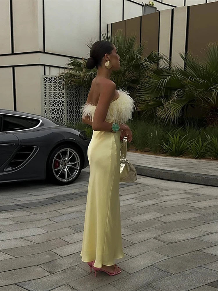 Elegant Yellow Feather Splicing Long Dress Women Chic Satin Strapless High Waist Sleeveless Slim Robe Summer Dinner Party Gowns
