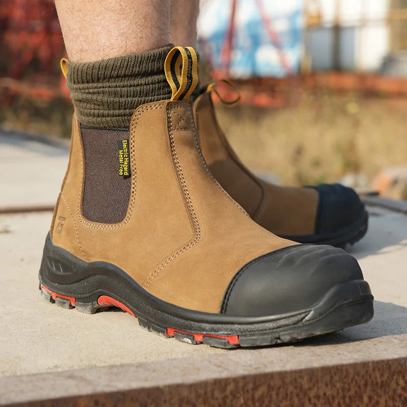 Brown  Nubuck leather Safety Boot , yellow Nubuck leather No Lace safety boot composite toe