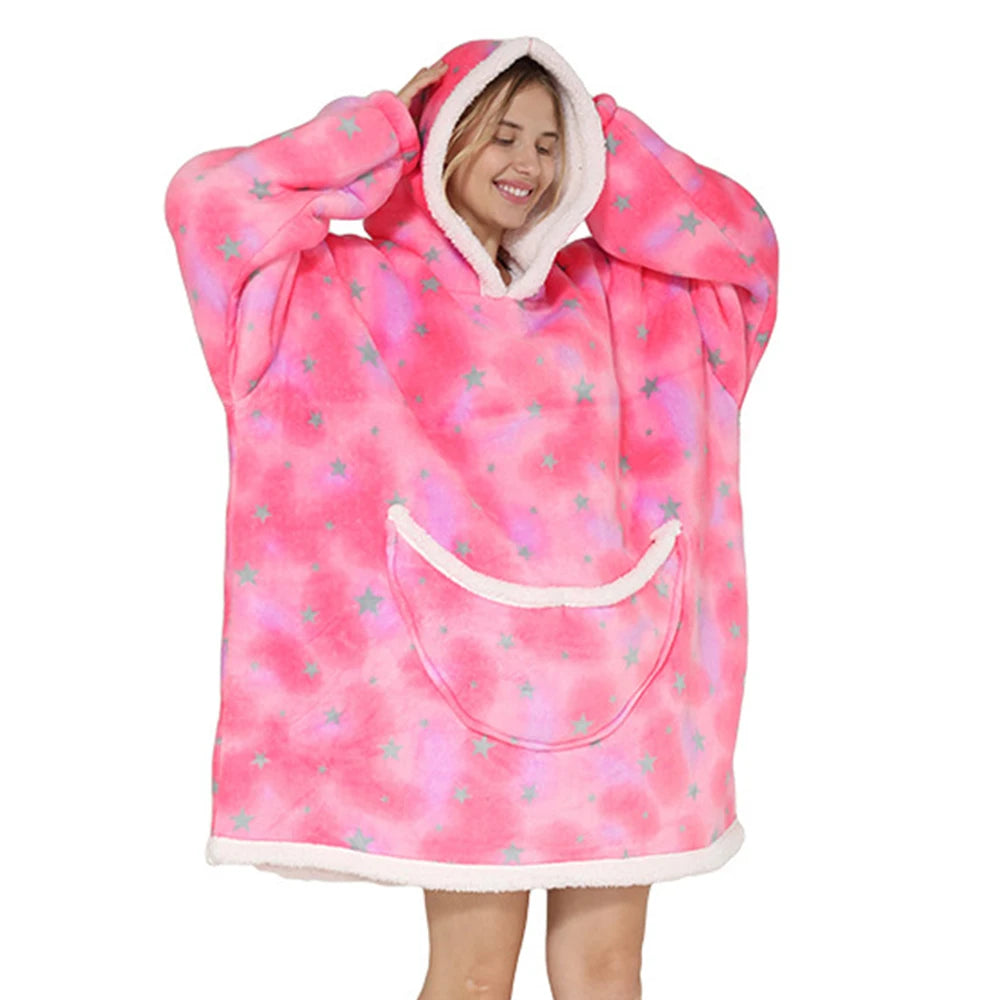 2024 Cartoon Oversized Hoodie Blanket with Sleeves Winter Warm Fleece Sweatshirt Cow Hoodies Women Men Korean Funny Print Hoodie