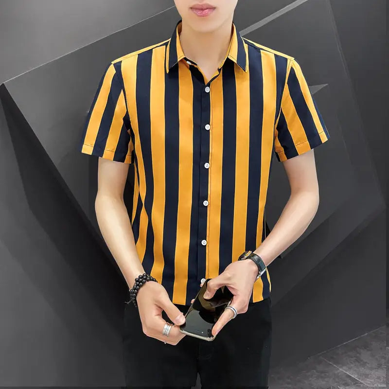 Korean Fashion Trend Handsome Summer Striped Short Sleeved Shirt Men's Lapel Button Patchwork Three Quarters Versatile Thin Top