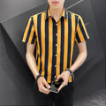 Korean Fashion Trend Handsome Summer Striped Short Sleeved Shirt Men's Lapel Button Patchwork Three Quarters Versatile Thin Top