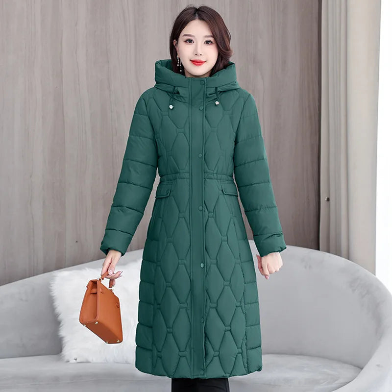 Hooded Oversize Parkas Coats Women Mid Length Jackets Diamond Quilt Zipper Pocket Waist Cinched Office Lady Casual 2025 Winter