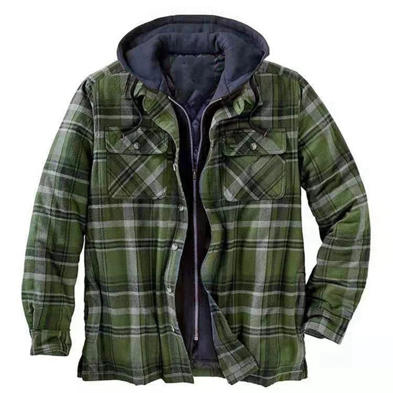 2026 Men's Winter Printed Cotton Jackets Harajuku Plaid Shirts Coats Hooded Zipper Long Sleeve Basic Casual Shirts Jackets Male