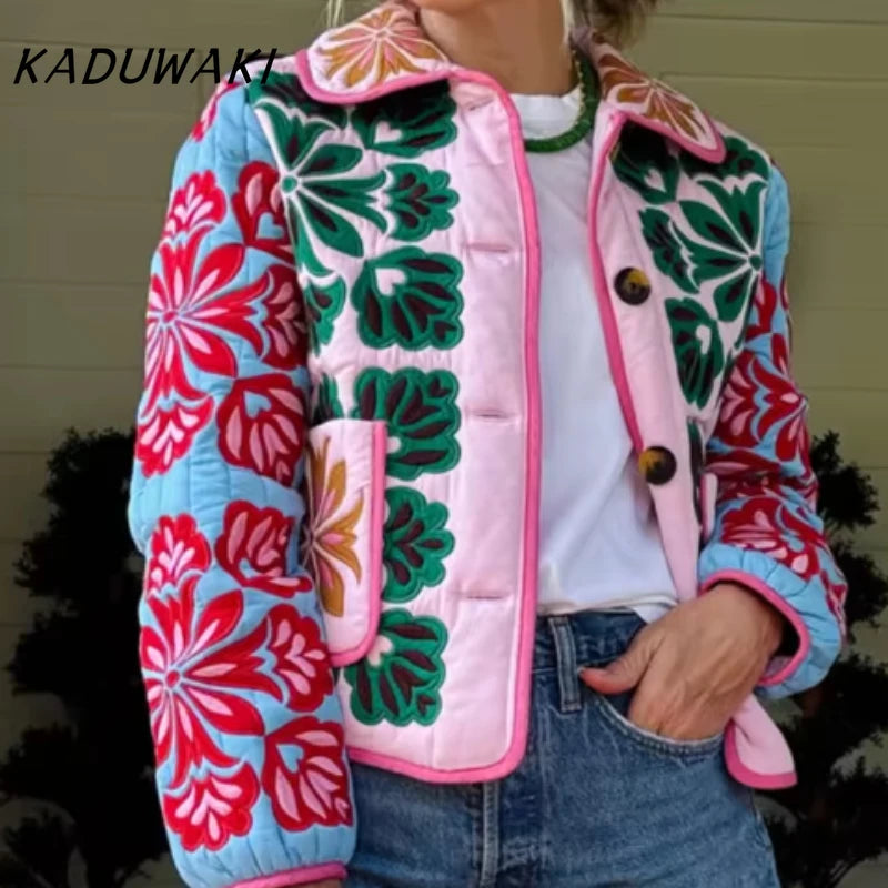 KADUWAKI Fashion Print Panelled Quilted Cotton Jacket Long Sleeve Pocket Cardigan Coat Autumn Winter Daily Casual Tops Outerwear