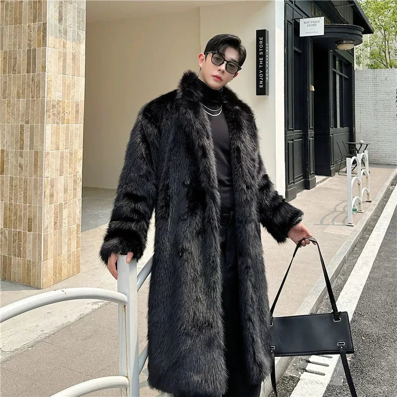 Black Faux Fur Long Coat Man Fashion Winter Thickened Warmer Fluffy Long Cotton-padded Jacket Overcoat