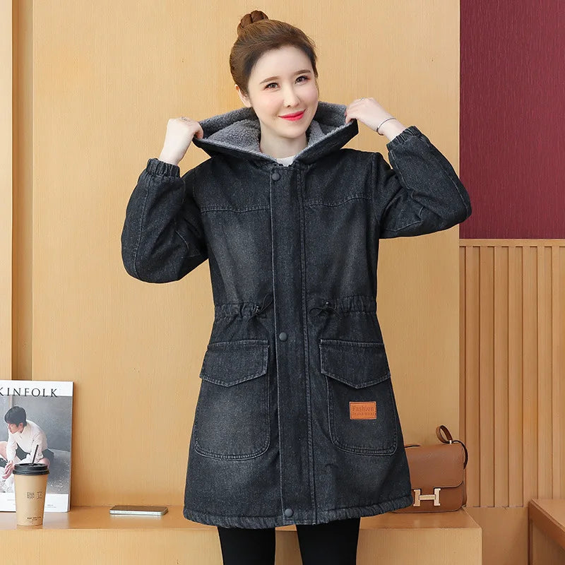 Women's Winter Parkas Coat  2024 New Hooded Korean Version  Ladies Cowboy Down Cotton Jacket Fashion Loose Lady Outerwear