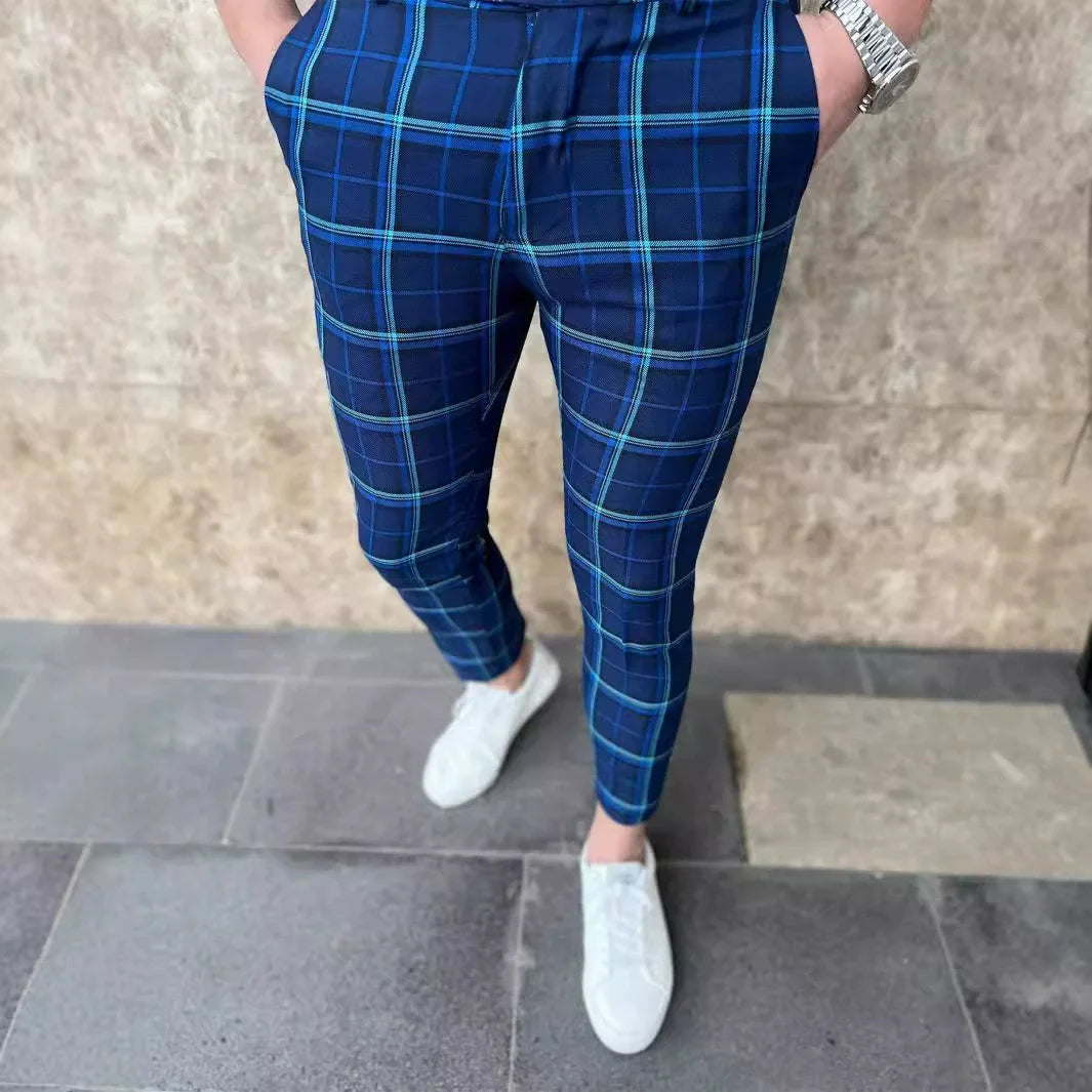 12 Colors Plaid Printed Men's Pencil Pants Business Casual Ankle Length Slim Men Suit Pants Fashion Handsome Pantalones Hombre