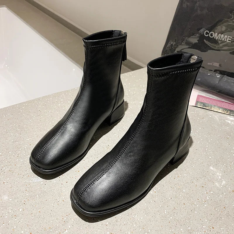 Elastic Socks Boots Fashion Ankle Boots Women High Heel Thicks  Heel Square Toe Short Boots Women Retro 2022 New Ladies Shoes