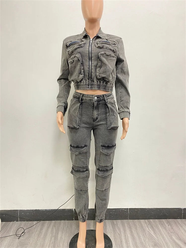 Wmstar Denim Two Piece Set Women Jacket Coat Top Jeans Cargo Pants Cool New in Winter Matching Clothes Wholesale Dropshipping