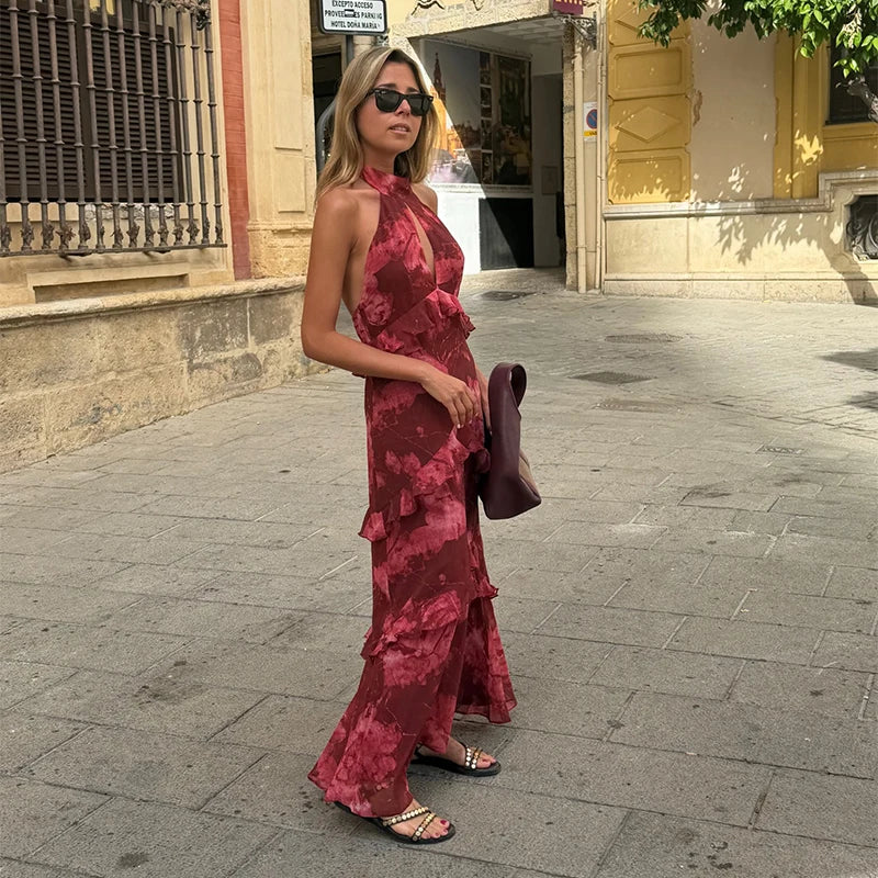 Floral Print Halter Neck Cutout Maxi Dress Tiered Ruffle Sleeveless 2026 Summer Women Vacation Dress Fashion Boho Lady Vestido