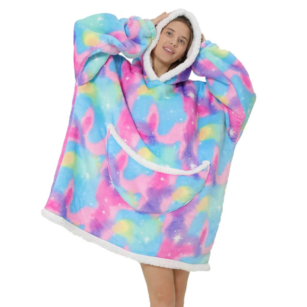 2024 Cartoon Oversized Hoodie Blanket with Sleeves Winter Warm Fleece Sweatshirt Cow Hoodies Women Men Korean Funny Print Hoodie