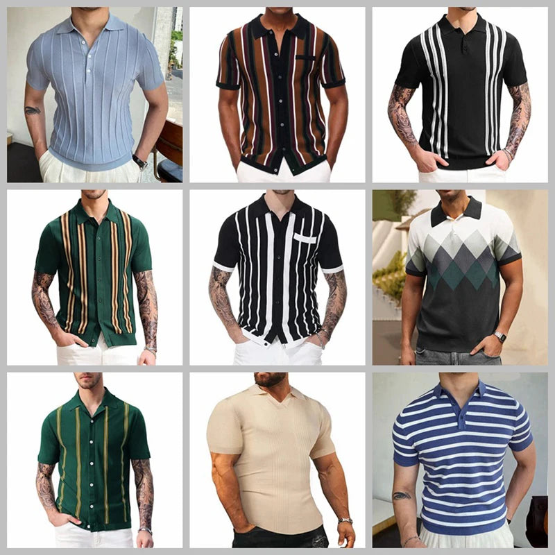 Summer 2025 Men's Luxury Clothing Knit Short Sleeve Polo Shirt Casual Streetwear Lapel Button Down Cardigan Breathable Tops