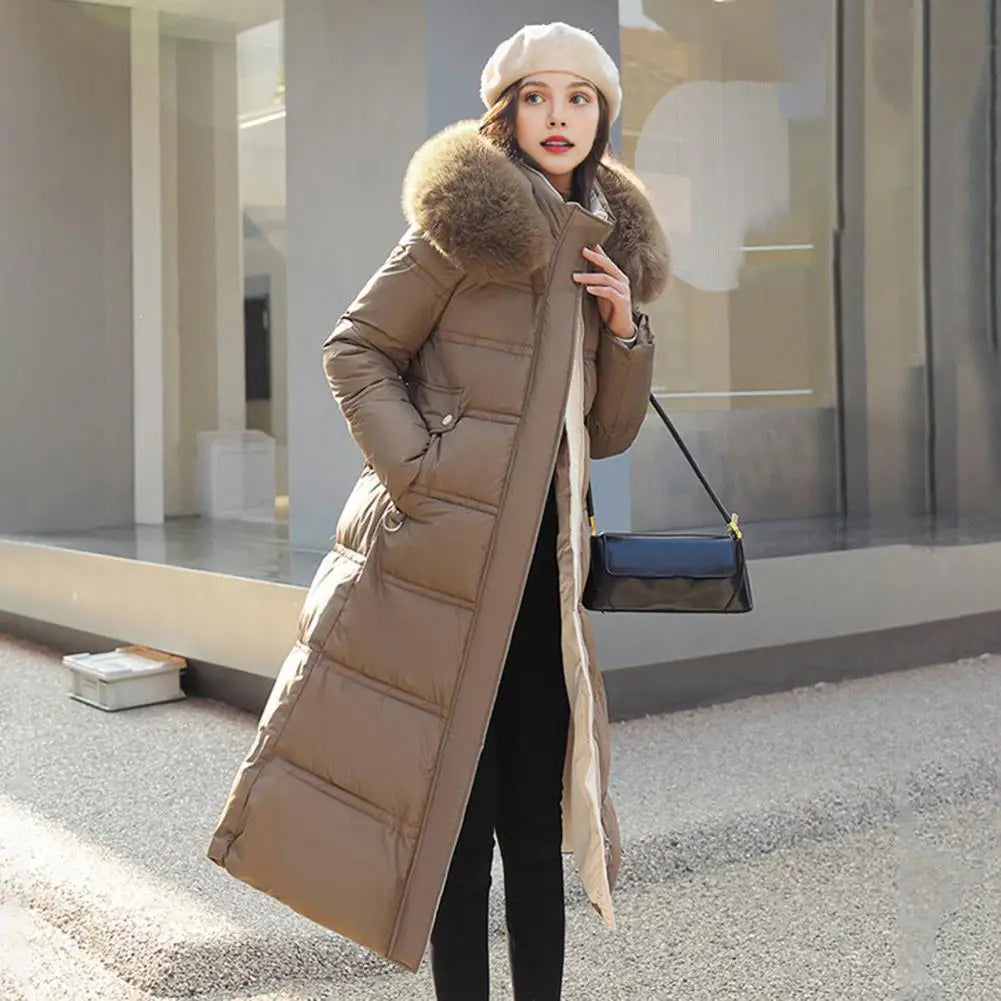 Winter Women Long Parkas Solid Colo Neck Hooded Cotton Jacket Pockets Windproof Zipper Closure Padded Outwear