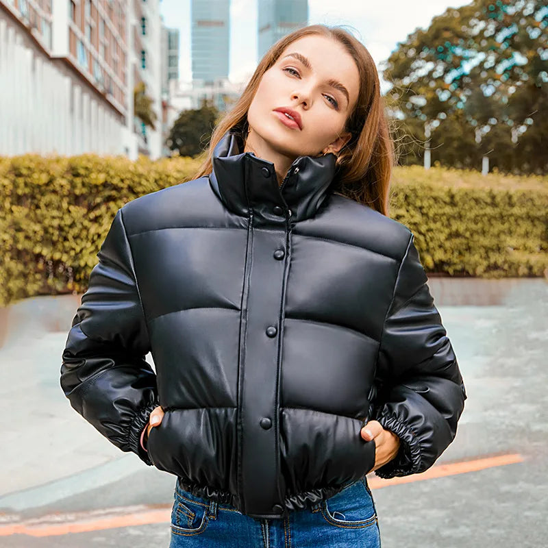 Winter women's thick warm jacket women's fashionable PU leather coat women's standing collar short warm bread jacket