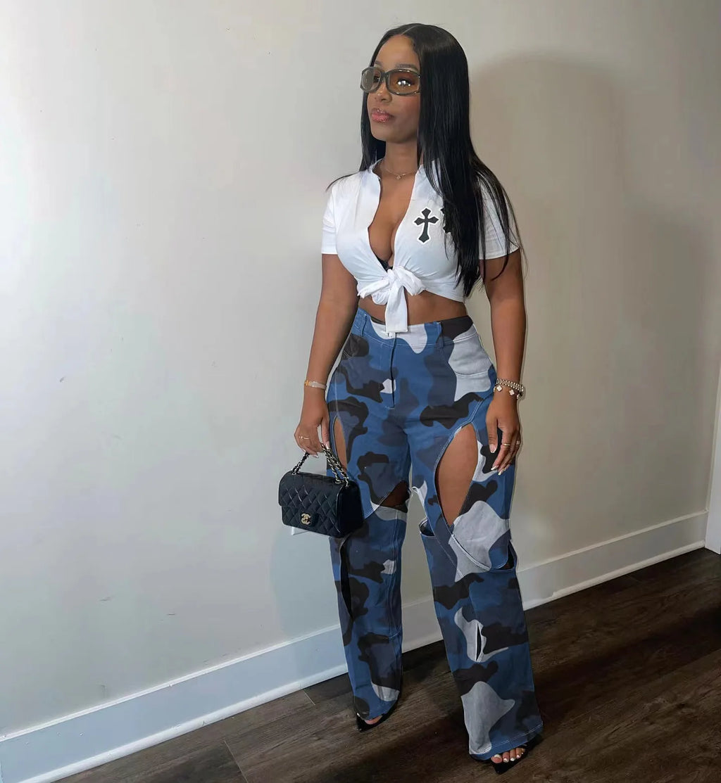 CM.YAYA Fashion women camouflage cutout cross criss straight cargo pants 2023 autumn winter safari style trousers