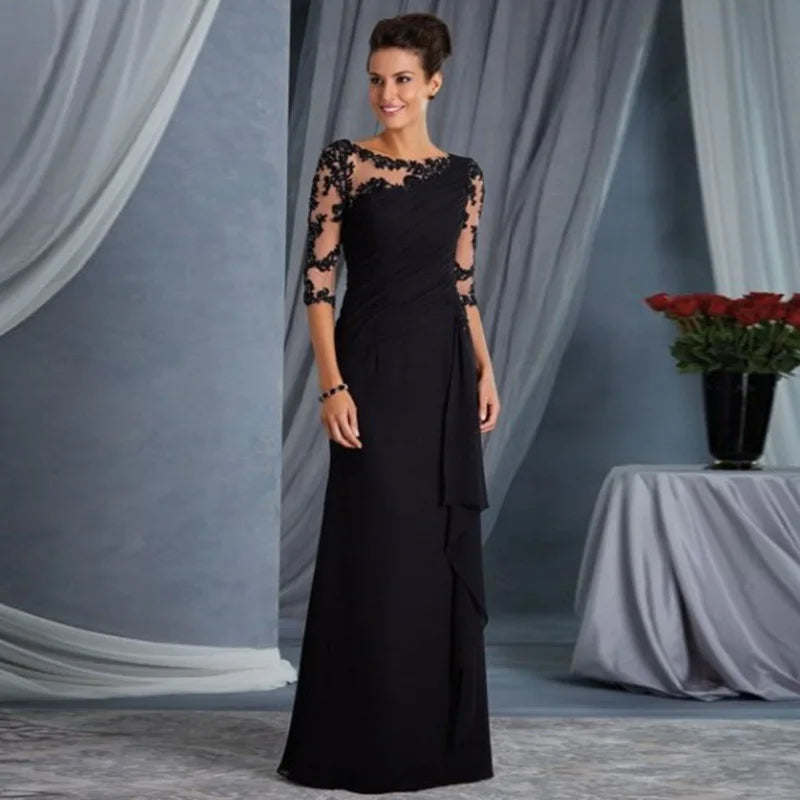 Temperament Elegant Women's Long Dresses See Through Lace Patchwork Mid-sleeve Slim Party Dress Commuting Style Evening Vestidos