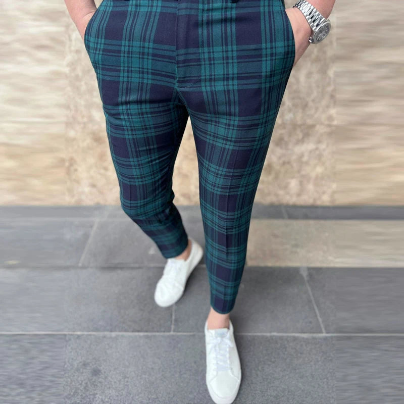 12 Colors Plaid Printed Men's Pencil Pants Business Casual Ankle Length Slim Men Suit Pants Fashion Handsome Pantalones Hombre