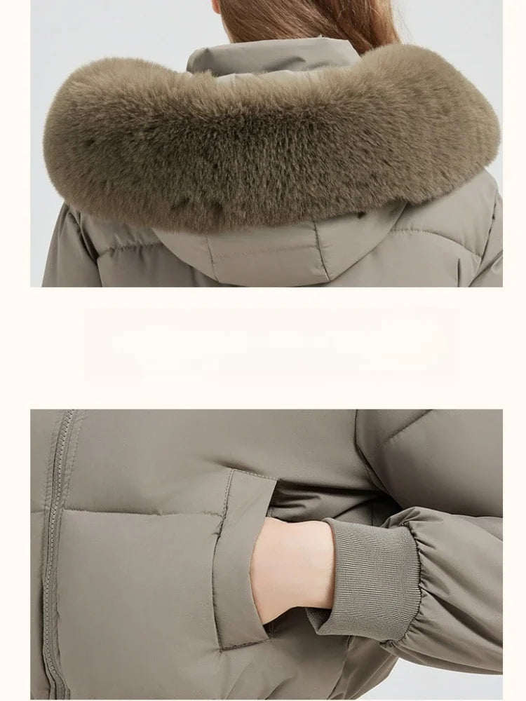 Korean Style Down Cotton Coat 2026 Thicken Short Women's Winter Jacket Casual Warm Fur Hooded Cropped Parkas Chic Streetwear