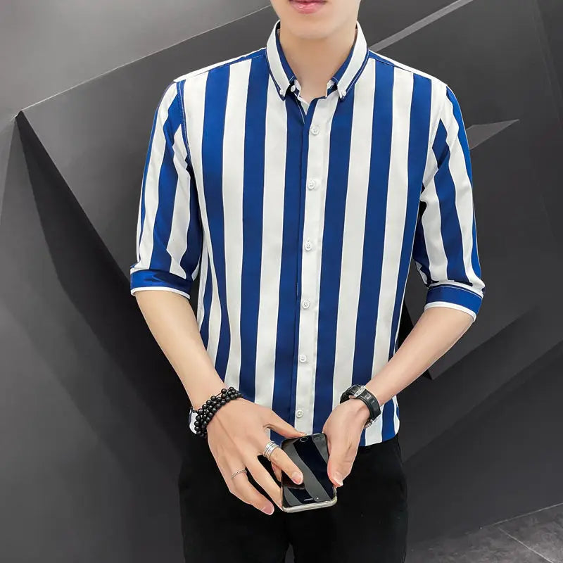 Korean Fashion Trend Handsome Summer Striped Short Sleeved Shirt Men's Lapel Button Patchwork Three Quarters Versatile Thin Top