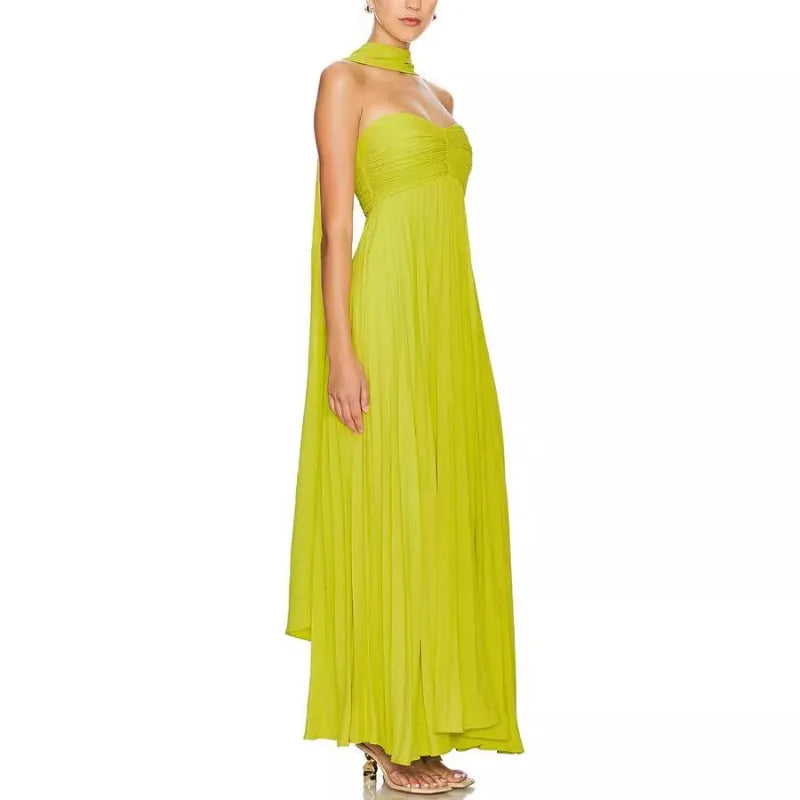 Elegant Strapless Pleated Long Dress for Women Sexy Sleeveless Backless Design Spring Summer New Arrival Lady Evening Party Robe