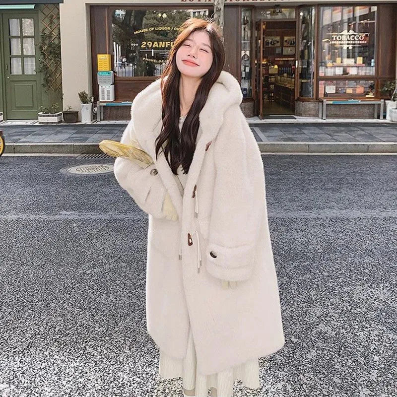 Lamb Fur Jackets Women Overcoat Winter New Plus velvet Thick Warm Parker Jacket Loose Horn Buckle Long Cute Hooded Coat Outwear
