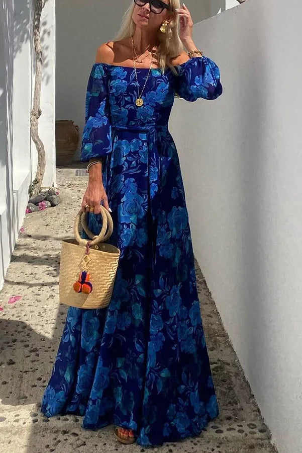 Vintage Pattern Print Long Dress Women Sexy Off Shoulder Long Sleeve Party Dress Fashion Waist Pleat Loose Hem Beach Dress