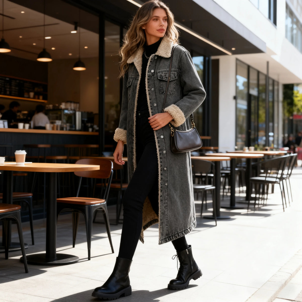 Women Faux Fur Mid Length Coats Jackets Turn Down Collar Coat Thick Denim Y2k Streetwear Jacket Elegant Outerwear Autumn Winter