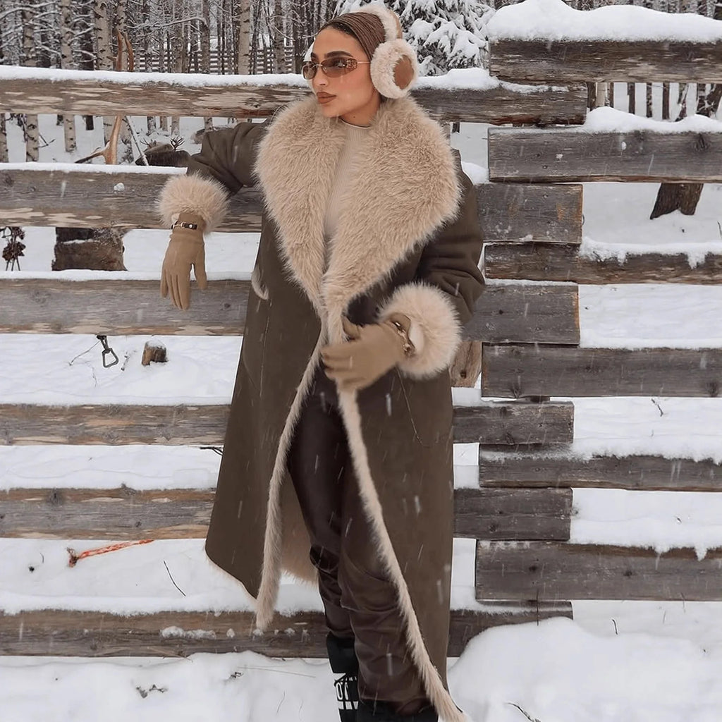 Women Faux Fur Long Coats Jackets Turn Down Collar Coat Thick Warm Y2k Streetwear Jacket Work Outerwear Autumn Winter 2025