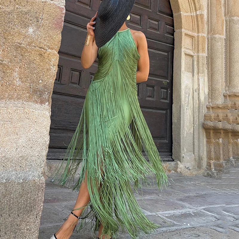 Elegant Halter Tassel Long Dress Women Fashion Hight Waist Slim Neck Hollow Solid Dress Cocktail Robe Sexy Fashion Evening Gown