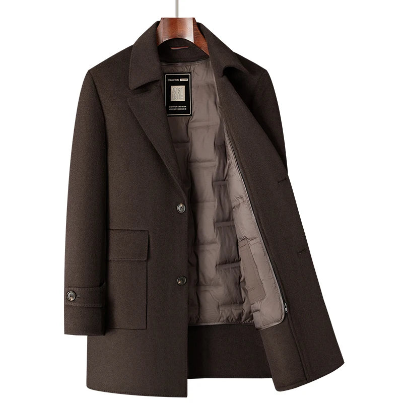 2025 Winter New Men's High end Wool Coat with 70% Wool Content, Down Inner Tank Thickened Warmth, Medium to Long Business Coat