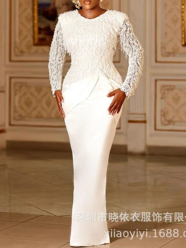 Party Dress Women Floor Length Dresses White Tassel Lace Round Neck Night Bodycon Evening Elegant Wedding High Waist Vestidos