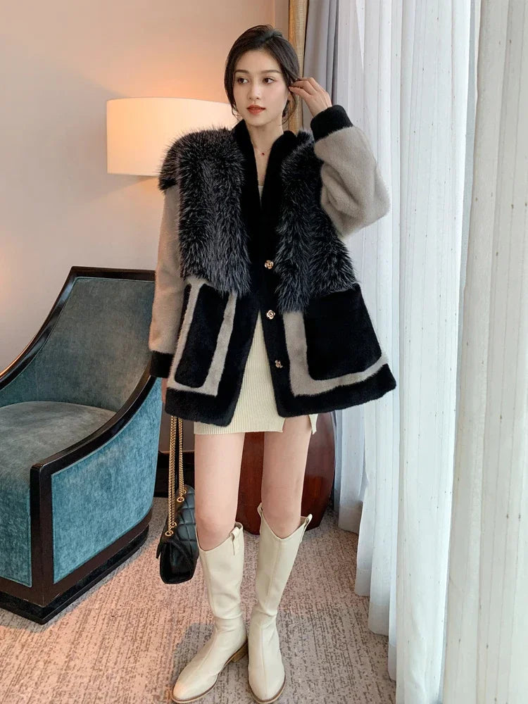Mink Fur Jacket Women V-neck Single Breast Big Pockets Coat Splicing Mid Length Casual Outerwear 2024 Winter New Fashion
