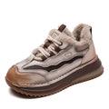 DRKANOL 2026 Women Winter Warm Shoes Handmade Retro Genuine Cow Leather Flat Platform Mixed Colors Lace-Up Fur Casual Shoes Lady