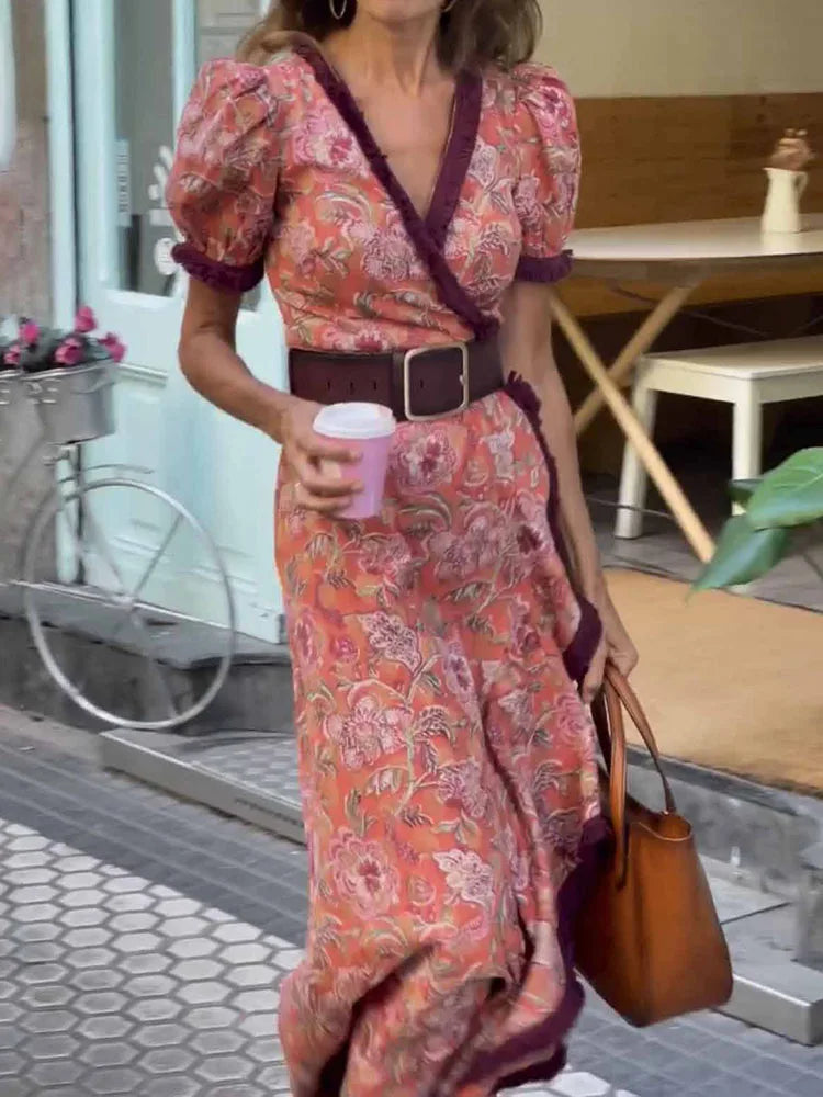Spring Summer Lady V Neck Maxi Dress Casual Women Party Club Print Patchwork Dress Streetwear Short Sleeve Slim Lacing Up Dress