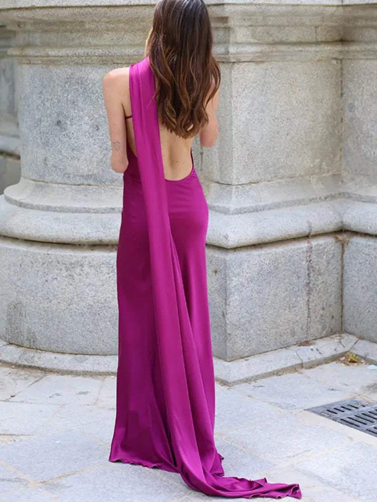 Women Backless Off Shoulder Bodycon Long Dress Sexy Satin Ribbon Sleeveless Female Robes 2024 New Summer Elegant Lady Party Gown
