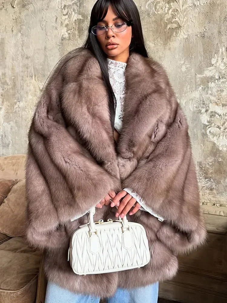 Women Solid Faux Fur Coat Elegant Lapel Collar Long Flare Sleeve Loose Jackets New Winter Warm Female Chic High Street Outerwear