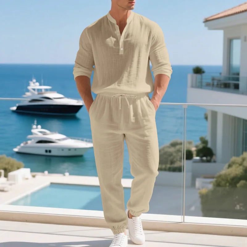 American loose linen set for men autumn Hawaiian home commuter thin Henry shirt long sleeve pants set