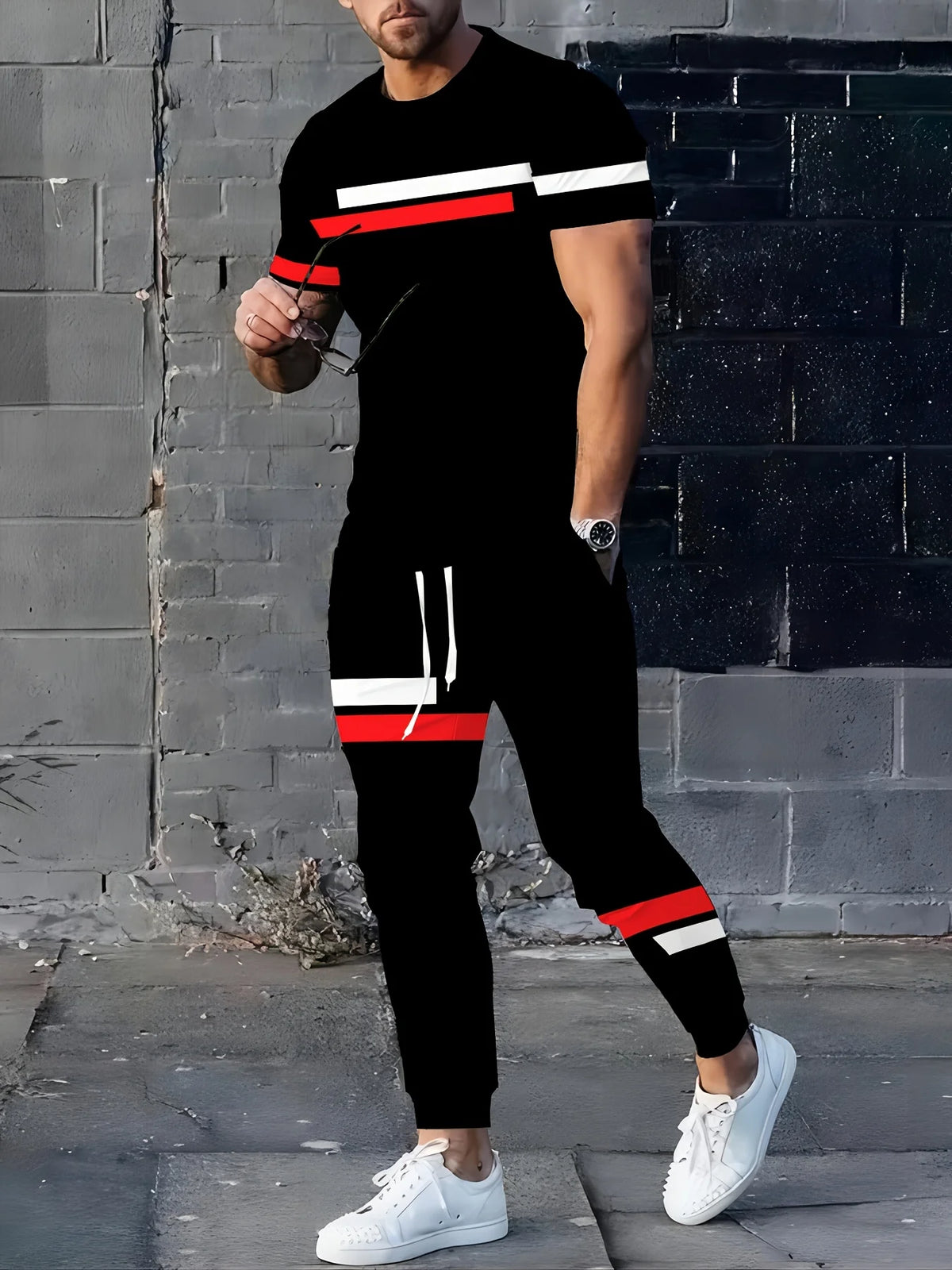 American striped print summer new men's breathable and comfortable round neck T-shirt and pants set outdoor casual clothing