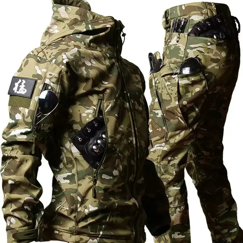6XL Winter Clothes Sets Soft Shell Tactical Hooded Jacket Straight Cargo Pants Suits Waterproof Militarmy Combat Uniform