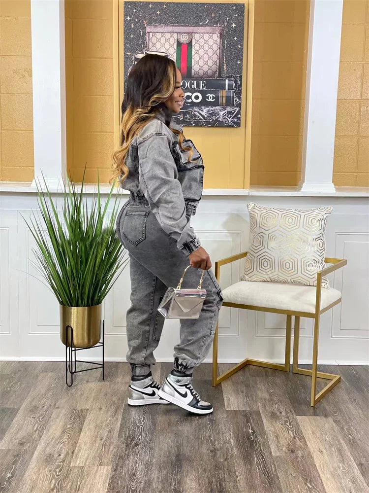 Wmstar Denim Two Piece Set Women Jacket Coat Top Jeans Cargo Pants Cool New in Winter Matching Clothes Wholesale Dropshipping