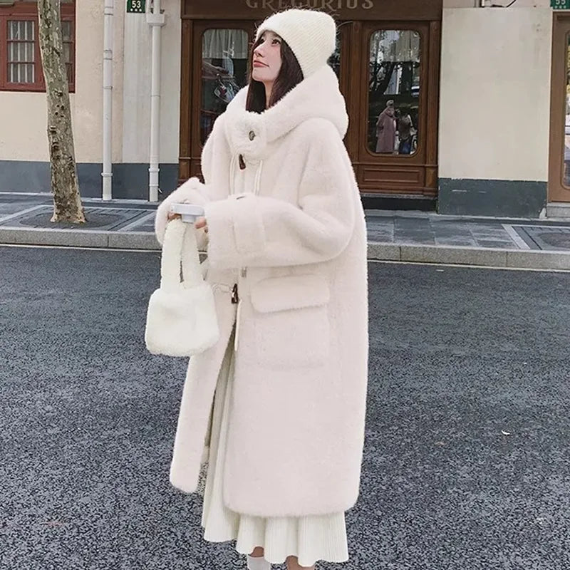 Lamb Fur Jackets Women Overcoat Winter New Plus velvet Thick Warm Parker Jacket Loose Horn Buckle Long Cute Hooded Coat Outwear