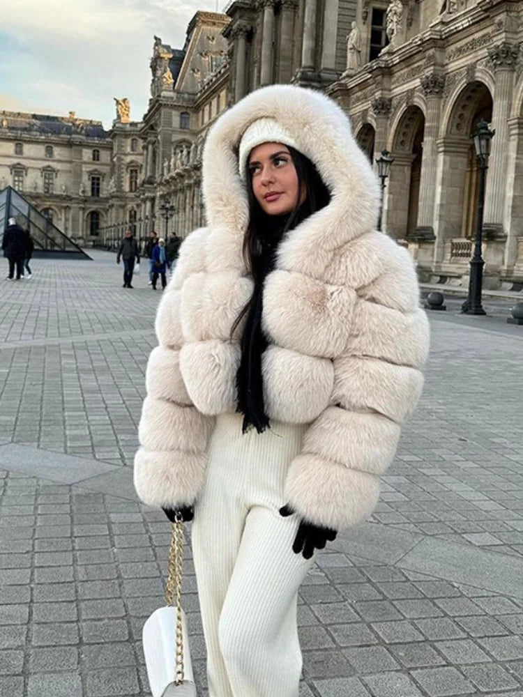Solid Short Hooded Faux Fur Coat Women Chic Full Sleeve Zipper Cropped Loose Warm Coats Lady Winter Daily Highstreet Outerwears
