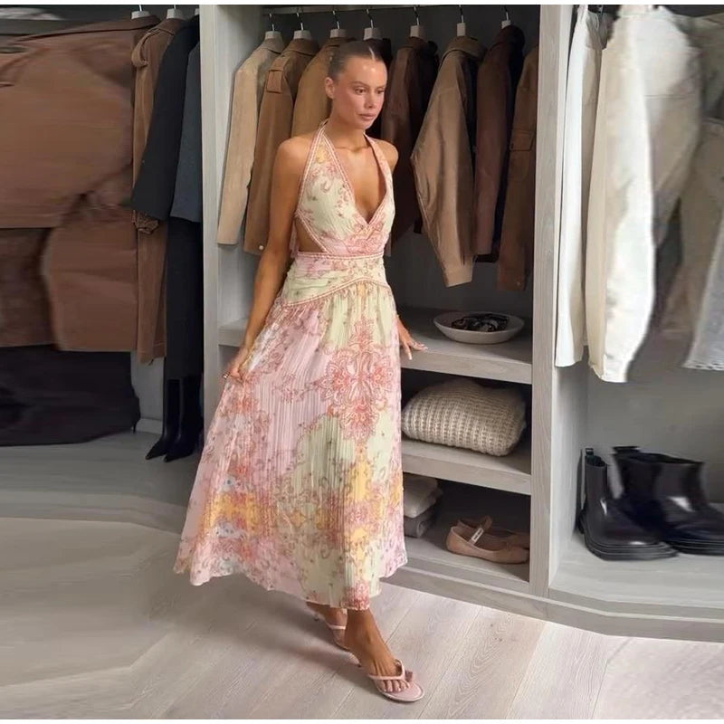 Floral Print Halter Neck Cutout Maxi Dress Tiered Ruffle Sleeveless 2026 Summer Women Vacation Dress Fashion Boho Lady Vestido