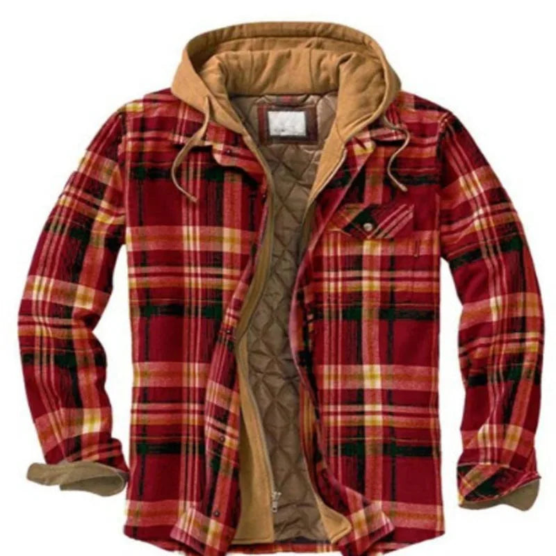 2026 Men's Winter Printed Cotton Jackets Harajuku Plaid Shirts Coats Hooded Zipper Long Sleeve Basic Casual Shirts Jackets Male